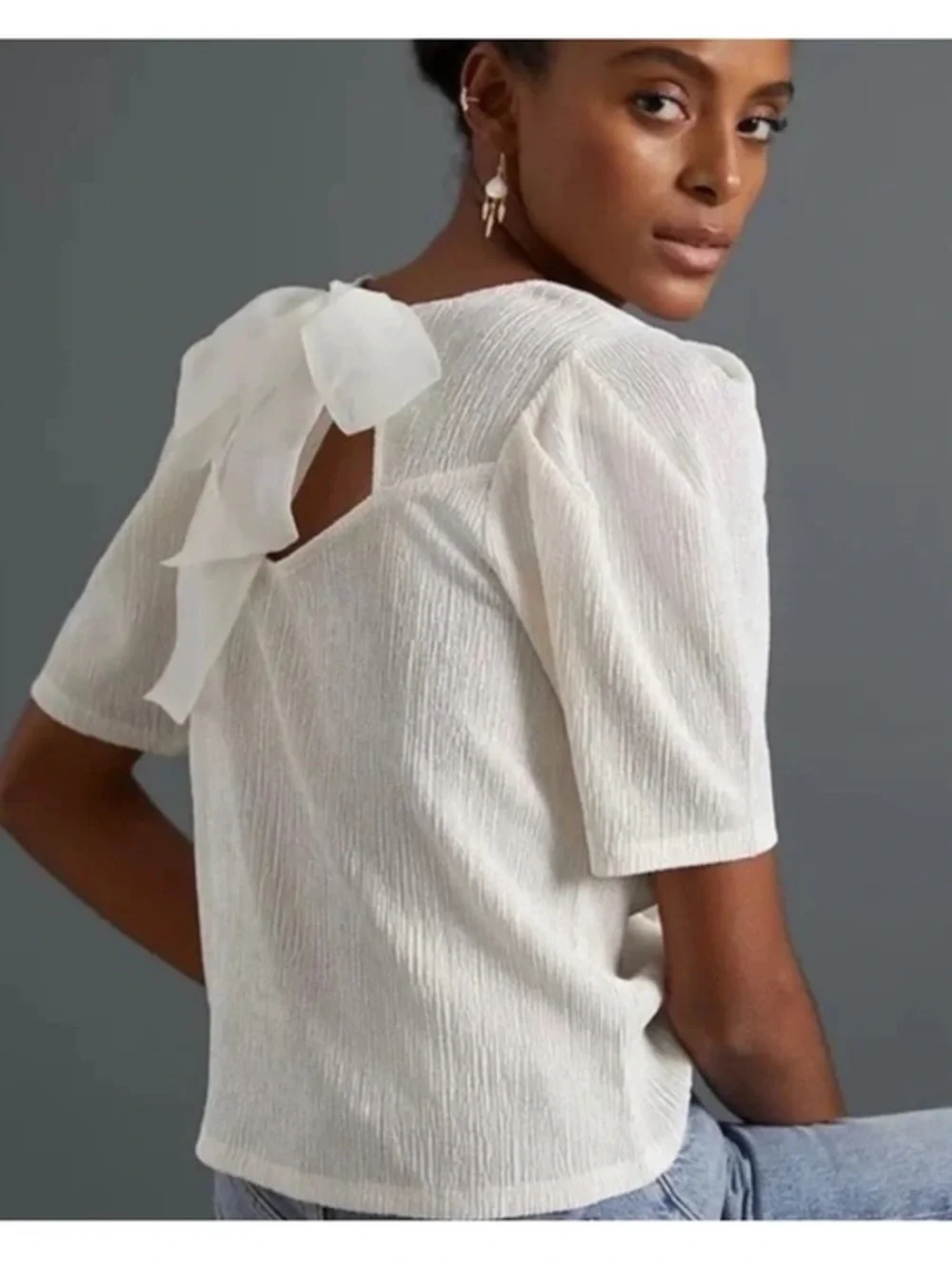 Like New Anthropologie Cream Textured Square-Neck Puff Sleeve Top